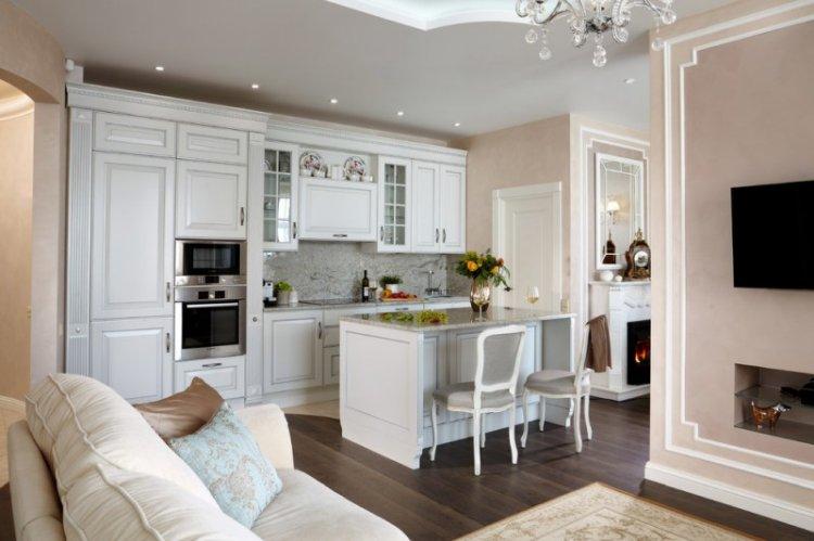 Белая кухня-гостиная - дизайн интерьера фото
