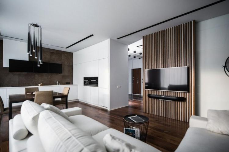 Акцент на стене с телевизором - Дизайн кухни-гостиной
