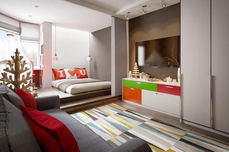 Гостиная, совмещенная со спальней - дизайн интерьера фото