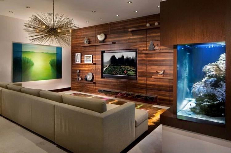 Деревянные панели или ламинат - Дизайн стены с телевизором