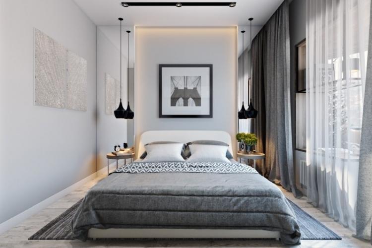 Узкая спальня в современном стиле - Дизайн интерьера