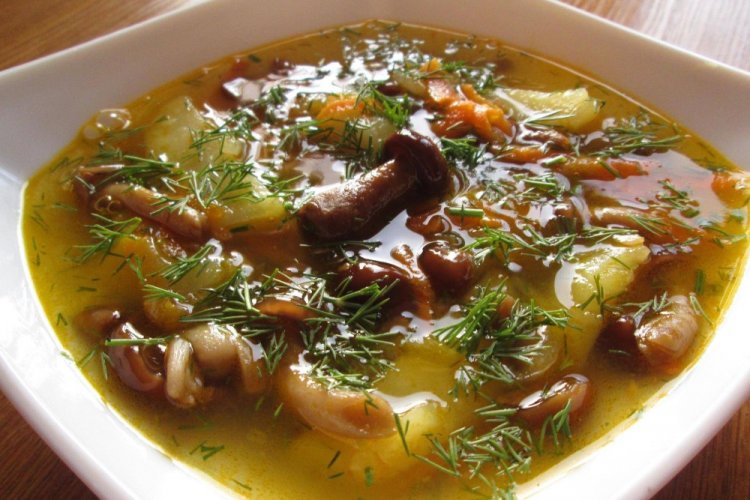 Грибной суп из маринованных опят с колбасой