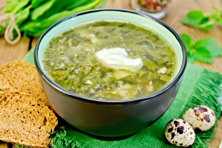 Зеленый суп из крапивы и щавеля с перепелиными яйцами