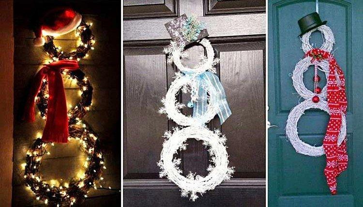 Венок-снеговик - Как украсить входную дверь на Новый год