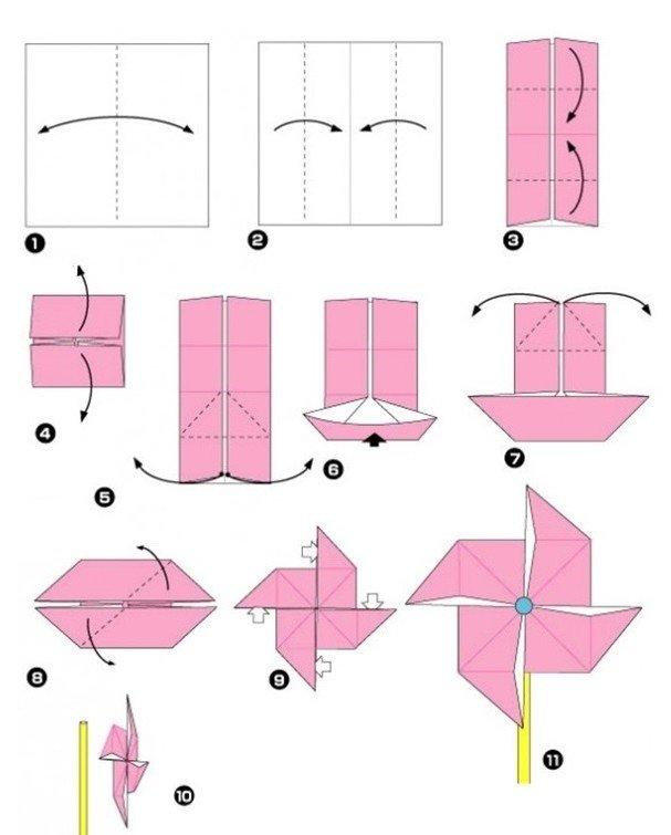 Ветряная мельница – схемы оригами из бумаги для детей