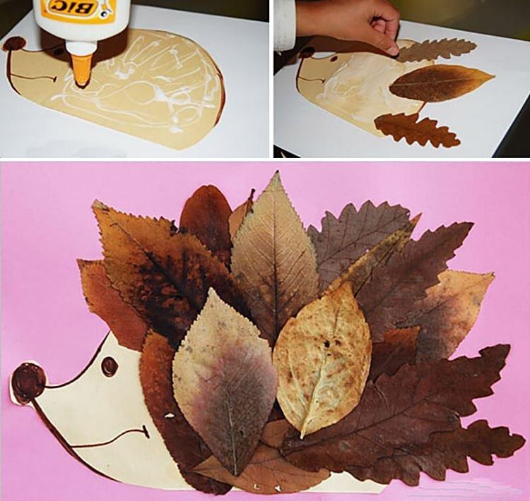 Ежик из листьев - Поделки из осенних листьев для детей