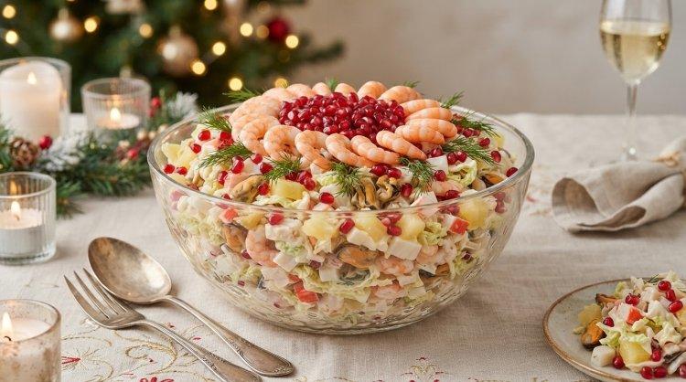 Салат с морепродуктами и зернами граната