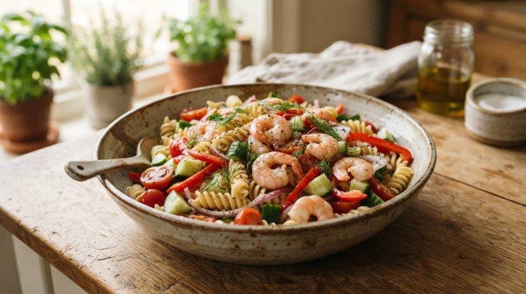 Салат с пастой и креветками