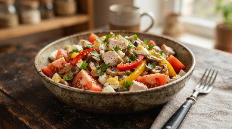 Салат с копченой курицей и жареными грибами
