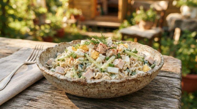 Салат с копченой курицей и лапшой