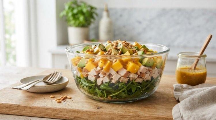 Салат с копченой курицей, авокадо и манго