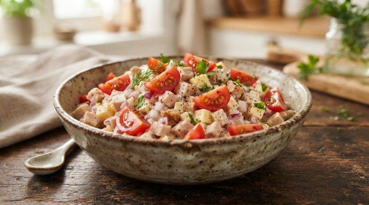 Салат с копченой курицей и томатами