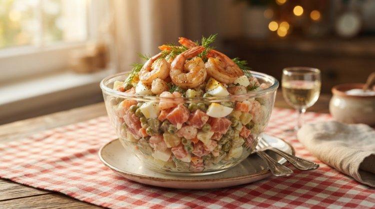 Салат «Оливье» с рыбой и королевскими креветками