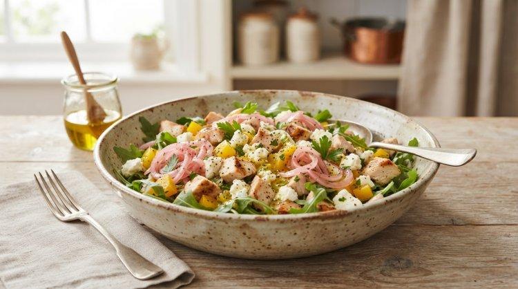 Салат с куриным филе, фетой и маринованным луком