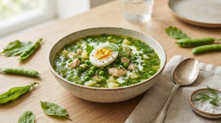 Зеленый борщ с молодым горошком и щавелем