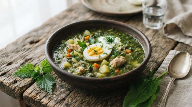 Зеленый борщ с щавелем и крапивой