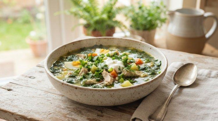 Зеленый борщ с индейкой и щавелем