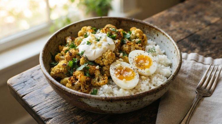 Запеченная цветная капуста с рисом и яйцами