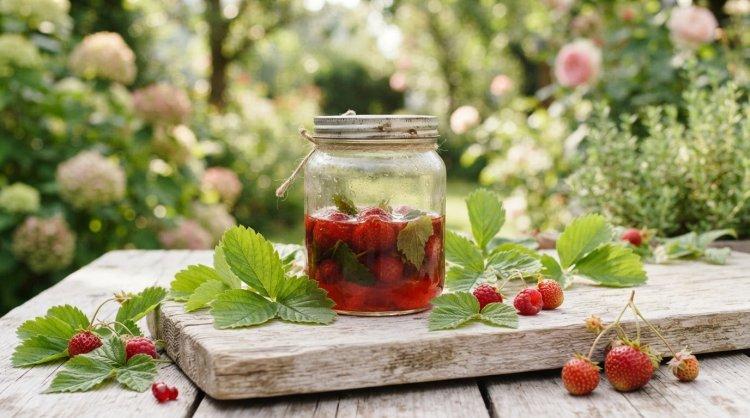 Компот из клубники с листьями малины и смородины
