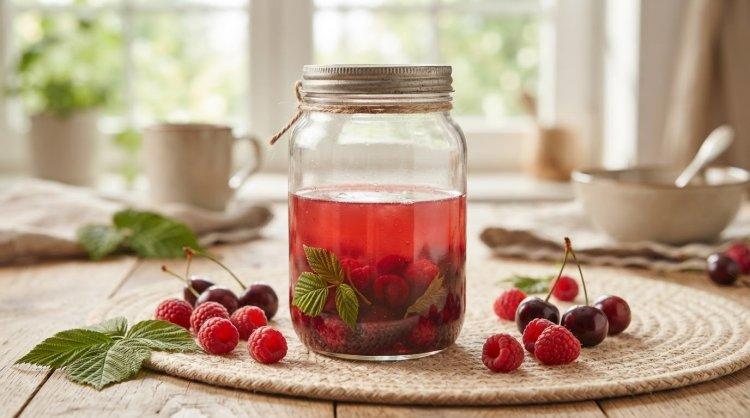 Компот из черешни с ягодами и листьями малины