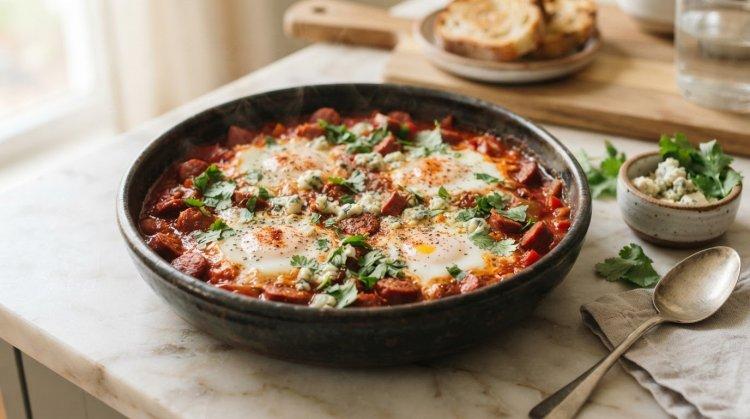 Шакшука с копченостями и сыром