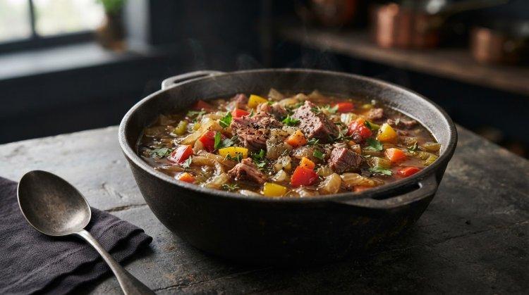 Луковый суп с овощами и копченостями
