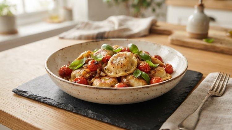 Пельмени, жаренные с помидорами и луком