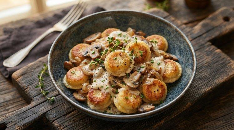 Жареные пельмени с шампиньонами в сметане
