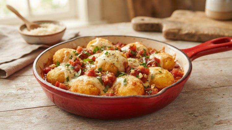 Жареные пельмени с сыром и помидорами