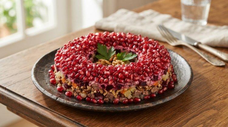 Салат «Гранатовый браслет» с говядиной и грецкими орехами