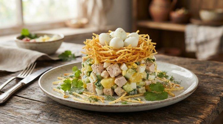 Салат «Гнездо глухаря» с ананасами и курицей