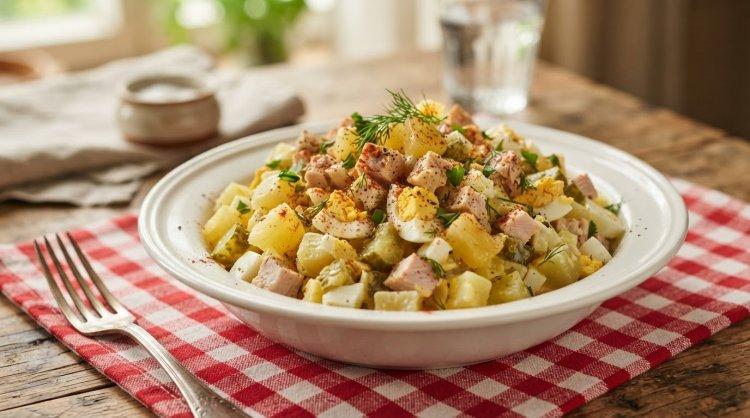 Салат с копченой курицей, яйцами, солеными огурцами и ананасом