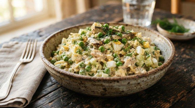 Салат со шпротами, зеленым горошком и плавленым сыром
