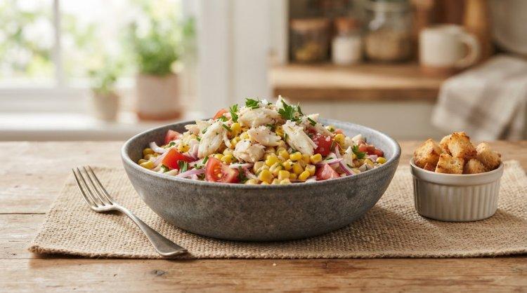 Салат с крабовым мясом, кукурузой и сухариками