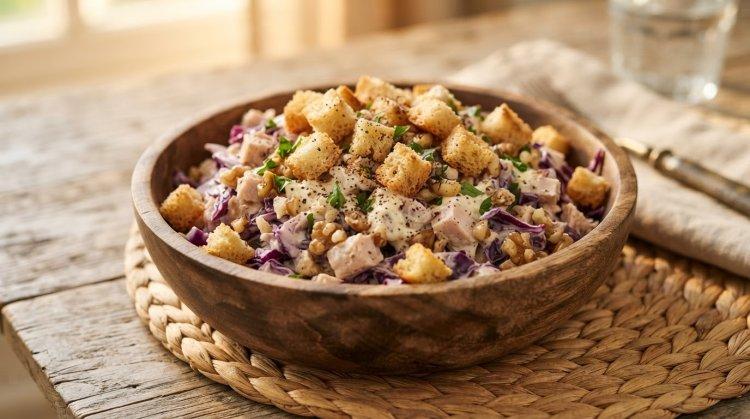 Салат из индейки, краснокочанной капусты, грецких орехов и сухариков