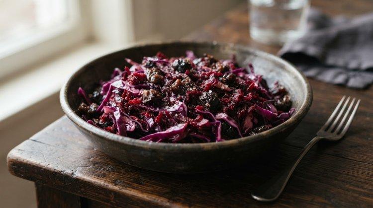 Зимний салат с черносливом, свеклой и краснокочанной капустой