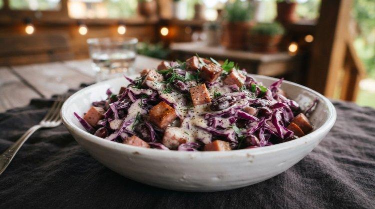 Салат из фасоли, колбасы и краснокочанной капусты
