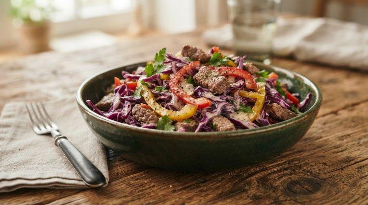 Сытный салат из краснокочанной капусты, говядины и болгарского перца