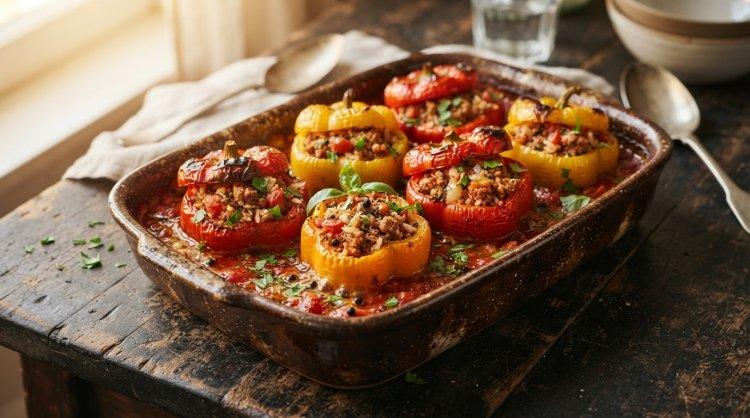 Перец, фаршированный рубленным мясом, рисом и помидорами