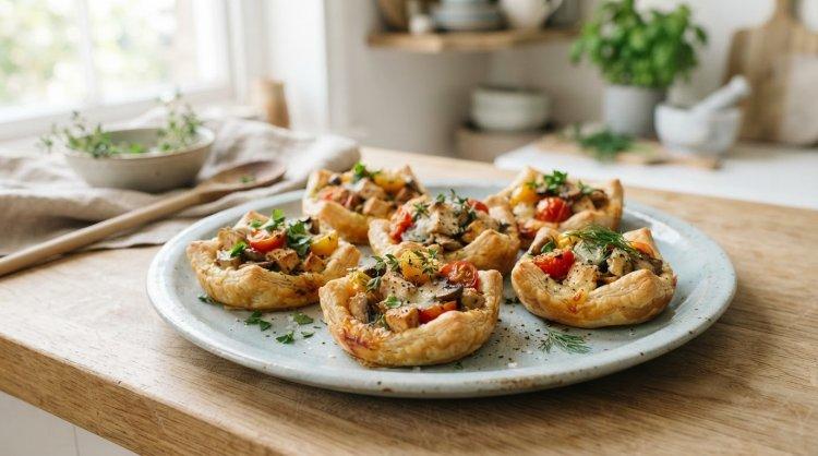 Тарталетки с курицей, помидорами и грибами