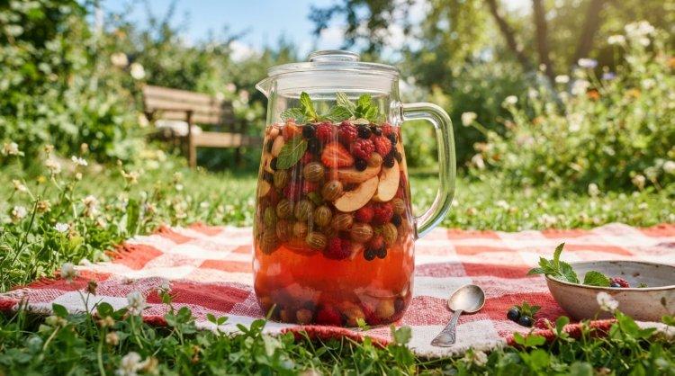 Компот из крыжовника с яблоками, малиной, клубникой и мятой