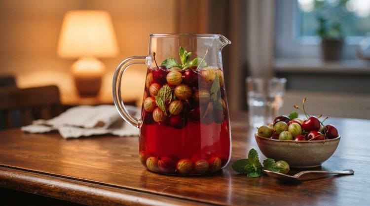 Компот из крыжовника и вишни с мятой