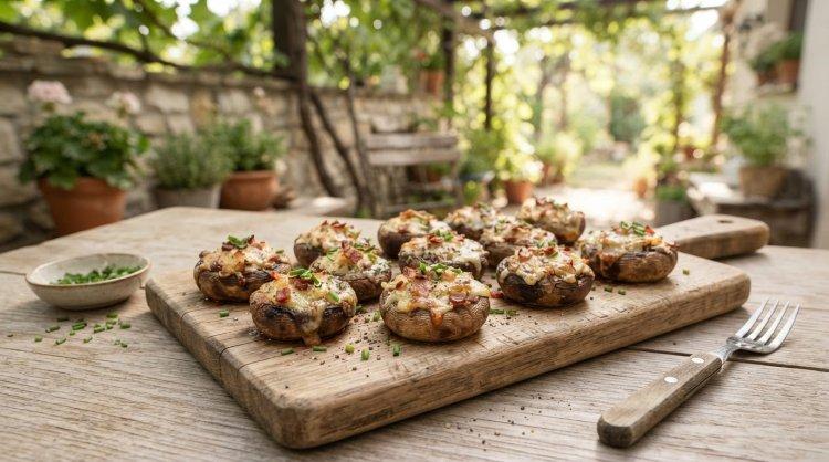Шляпки шампиньонов, фаршированные сыром и беконом на гриле