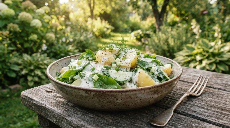 Салат с щавелем, огурцами и молодым картофелем