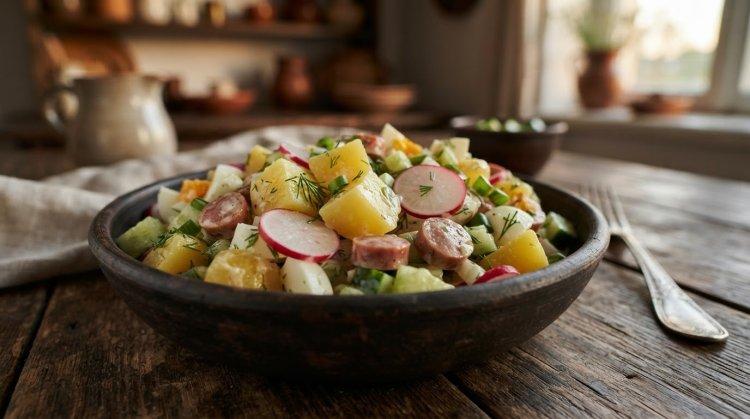 Салат с редиской, яйцом, картошкой и сосисками