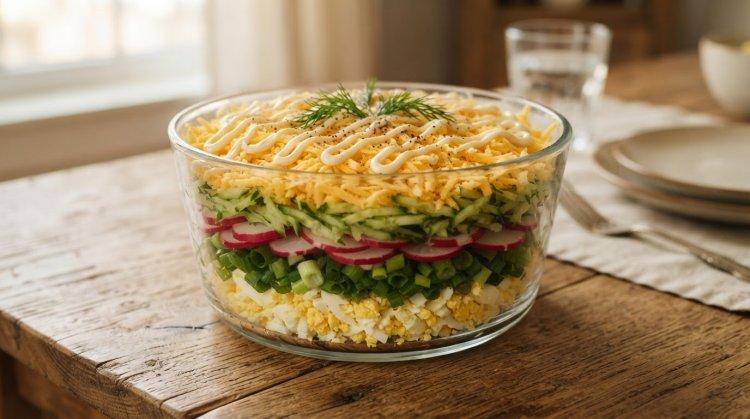 Слоеный салат с редиской и яйцом