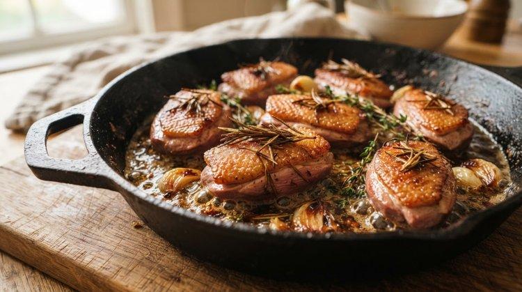 Медальоны из утки с розмарином и тимьяном на сковороде