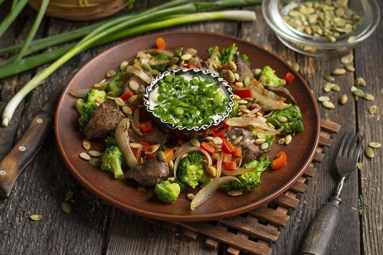 Горячий салат с куриной печенью и грибами - рецепты