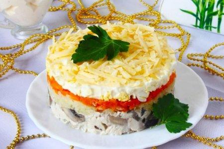 Салат с жареными шампиньонами и курицей и сыром рецепт с фото пошагово
