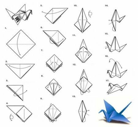 Журавль из бумаги - схемы оригами для начинающих